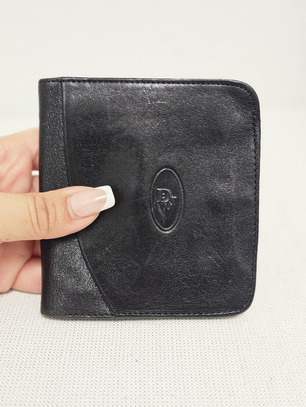 Vintage Authentic Christian Dior Black Leather Oval Monogram Bifold Wallet